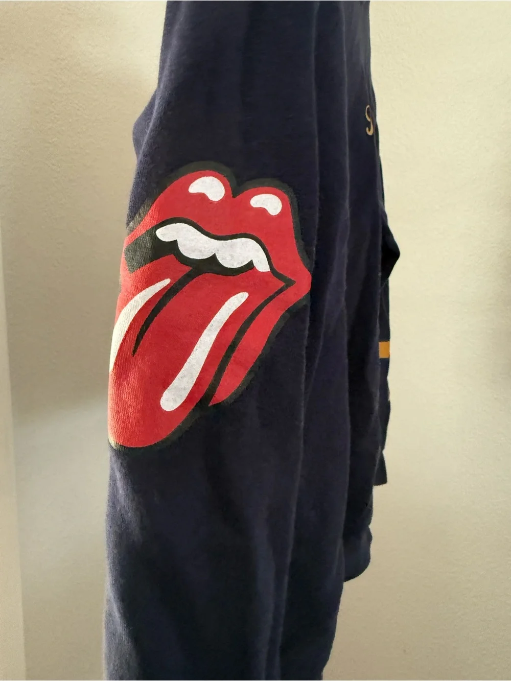 the Rolling Stones Navy Sweatshirt with Gold Script and Sleeve '72